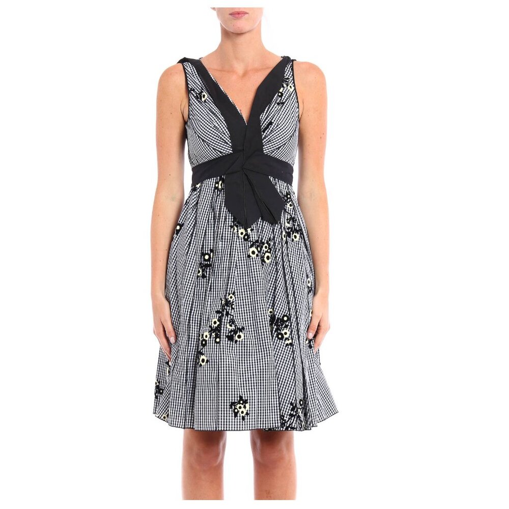 Marc Jacobs Floral Gingham Gathered V-Neck Dress, Black & White, Womens Size 12